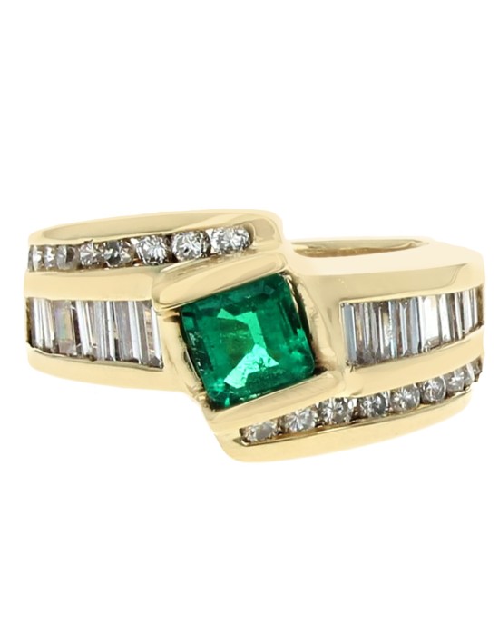 Emerald & Diamond Bypass Ring in Gold